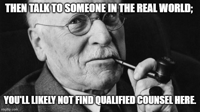 Carl Jung | THEN TALK TO SOMEONE IN THE REAL WORLD; YOU'LL LIKELY NOT FIND QUALIFIED COUNSEL HERE. | image tagged in carl jung | made w/ Imgflip meme maker