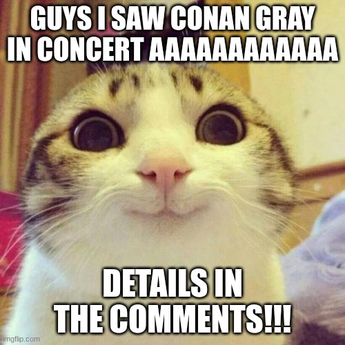 Smiling Cat Meme | GUYS I SAW CONAN GRAY IN CONCERT AAAAAAAAAAAA; DETAILS IN THE COMMENTS!!! | image tagged in memes,smiling cat | made w/ Imgflip meme maker