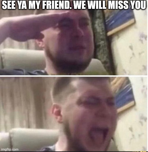 Crying salute | SEE YA MY FRIEND. WE WILL MISS YOU | image tagged in crying salute | made w/ Imgflip meme maker