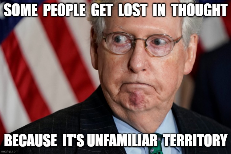 Mitch Pitch | SOME  PEOPLE  GET  LOST  IN  THOUGHT; BECAUSE  IT'S UNFAMILIAR  TERRITORY | image tagged in mitch mcconnell | made w/ Imgflip meme maker