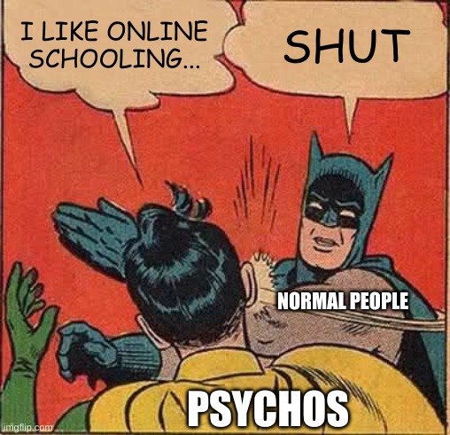 Batman Slapping Robin | I LIKE ONLINE SCHOOLING... SHUT; NORMAL PEOPLE; PSYCHOS | image tagged in memes,batman slapping robin | made w/ Imgflip meme maker