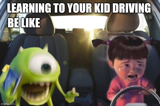 Don't worry it's fine | BE LIKE; LEARNING TO YOUR KID DRIVING | image tagged in driving boo,monsters inc,disney,pixar,mike wazowski | made w/ Imgflip meme maker