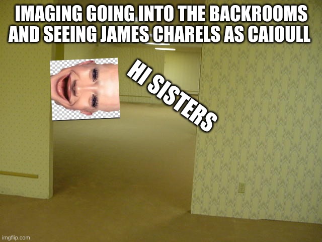 The Backrooms | IMAGING GOING INTO THE BACKROOMS AND SEEING JAMES CHARELS AS CAIOULL; HI SISTERS | image tagged in the backrooms | made w/ Imgflip meme maker