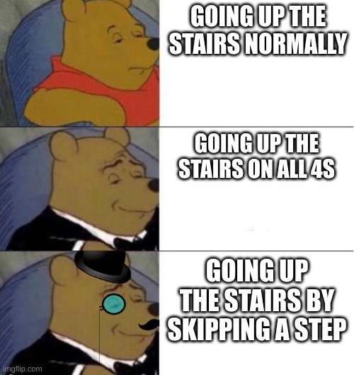 okm m |  GOING UP THE STAIRS NORMALLY; GOING UP THE STAIRS ON ALL 4S; GOING UP THE STAIRS BY SKIPPING A STEP | image tagged in winie the pooh | made w/ Imgflip meme maker