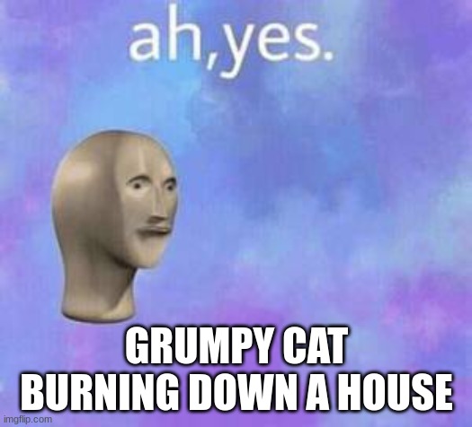 Ah yes | GRUMPY CAT BURNING DOWN A HOUSE | image tagged in ah yes | made w/ Imgflip meme maker