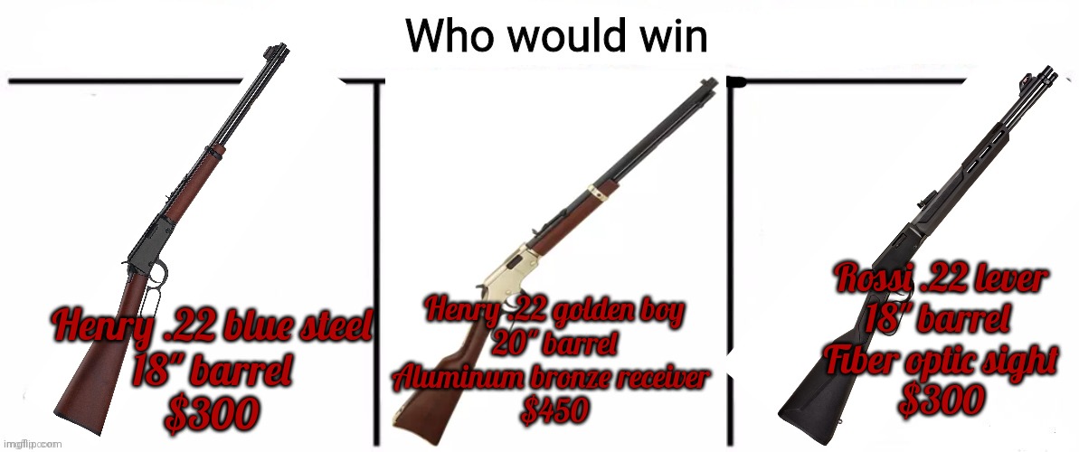 Which should I buy? | Rossi .22 lever
18" barrel 
Fiber optic sight
$300; Henry .22 golden boy
20" barrel
Aluminum bronze receiver 
$450; Henry .22 blue steel
18" barrel
$300 | image tagged in 3x who would win,cowboy,rifle,22lr,get the gun | made w/ Imgflip meme maker