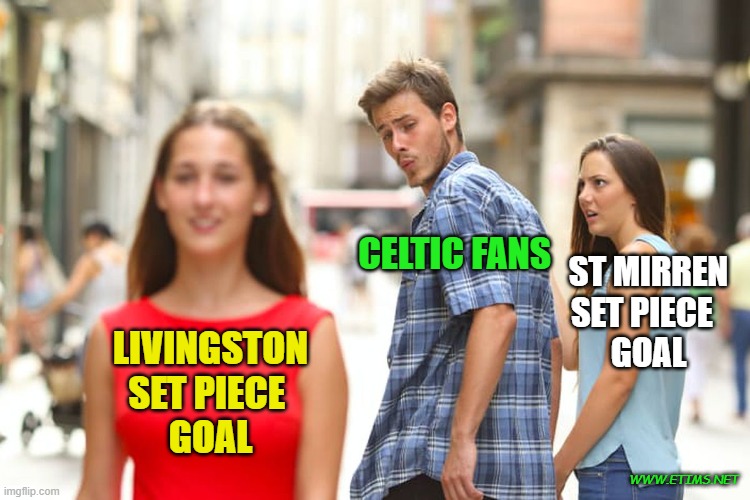 Distracted Boyfriend Meme | CELTIC FANS; ST MIRREN SET PIECE  
GOAL; LIVINGSTON
SET PIECE 
GOAL; WWW.ETIMS.NET | image tagged in memes,distracted boyfriend | made w/ Imgflip meme maker