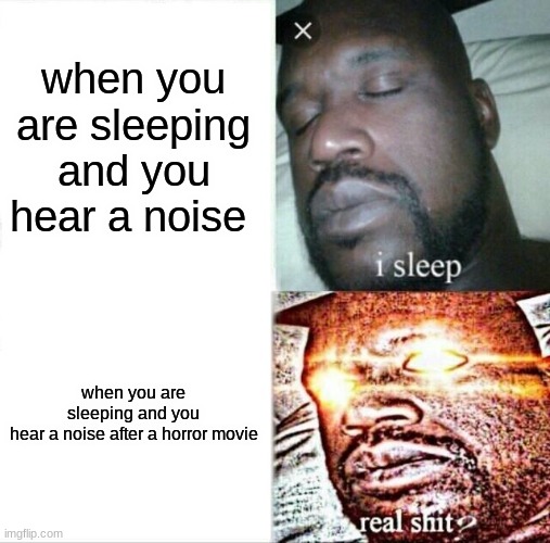 scary | when you are sleeping and you hear a noise; when you are sleeping and you hear a noise after a horror movie | image tagged in memes,sleeping shaq | made w/ Imgflip meme maker