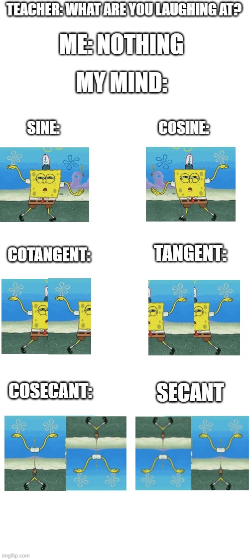 took a lot to create this! | TEACHER: WHAT ARE YOU LAUGHING AT? ME: NOTHING; MY MIND:; SINE:; COSINE:; TANGENT:; COTANGENT:; COSECANT:; SECANT | image tagged in blank white template | made w/ Imgflip meme maker