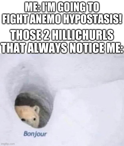 They annoy me so much | ME: I'M GOING TO FIGHT ANEMO HYPOSTASIS! THOSE 2 HILLICHURLS THAT ALWAYS NOTICE ME: | image tagged in bonjour | made w/ Imgflip meme maker