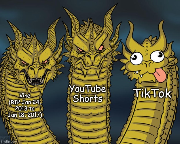 The right one is also known as garbage. | YouTube Shorts; TikTok; Vine (RIP Jan 24, 2013 to Jan 18, 2017) | image tagged in three-headed dragon | made w/ Imgflip meme maker