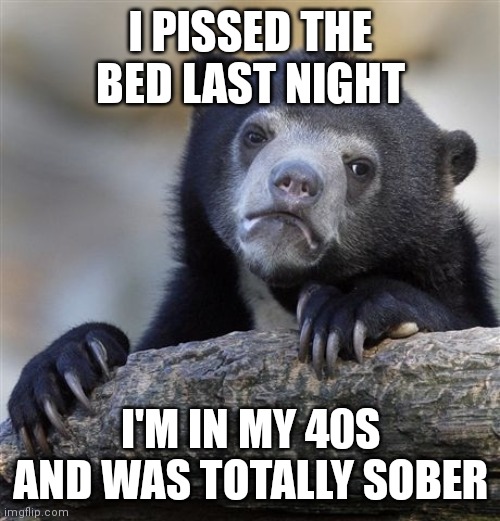 Confession Bear | I PISSED THE BED LAST NIGHT; I'M IN MY 40S AND WAS TOTALLY SOBER | image tagged in memes,confession bear,AdviceAnimals | made w/ Imgflip meme maker