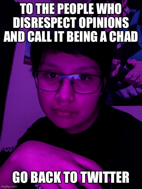 Jummy but he’s the Purple Guy | TO THE PEOPLE WHO DISRESPECT OPINIONS AND CALL IT BEING A CHAD; GO BACK TO TWITTER | image tagged in jummy but he s the purple guy | made w/ Imgflip meme maker