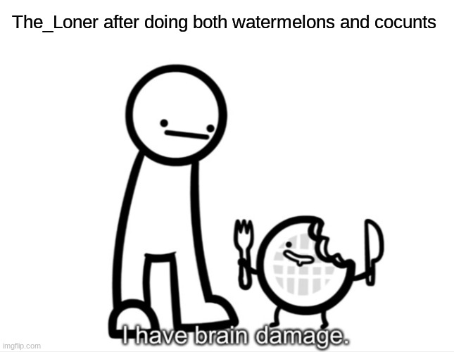 aka the fruit smashing with head guy | The_Loner after doing both watermelons and coconuts | image tagged in i have brain damage,smashing | made w/ Imgflip meme maker