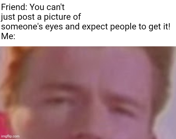 haha rickroll go brrrrrrrrrrrrrrr |  Friend: You can't just post a picture of someone's eyes and expect people to get it!
Me: | image tagged in rick astley,never gonna give you up,no you cant just,eyes,unfunny | made w/ Imgflip meme maker