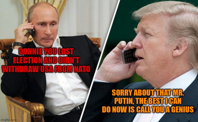 Just like MAGA Diaper Don couldn't MRGA | DONNIE YOU LOST ELECTION AND DIDN'T WITHDRAW USA FROM NATO; SORRY ABOUT THAT MR. PUTIN, THE BEST I CAN DO NOW IS CALL YOU A GENIUS | image tagged in putin/trump phone call | made w/ Imgflip meme maker