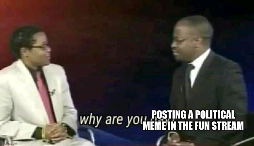 Why are you gay? | POSTING A POLITICAL MEME IN THE FUN STREAM | image tagged in why are you gay | made w/ Imgflip meme maker