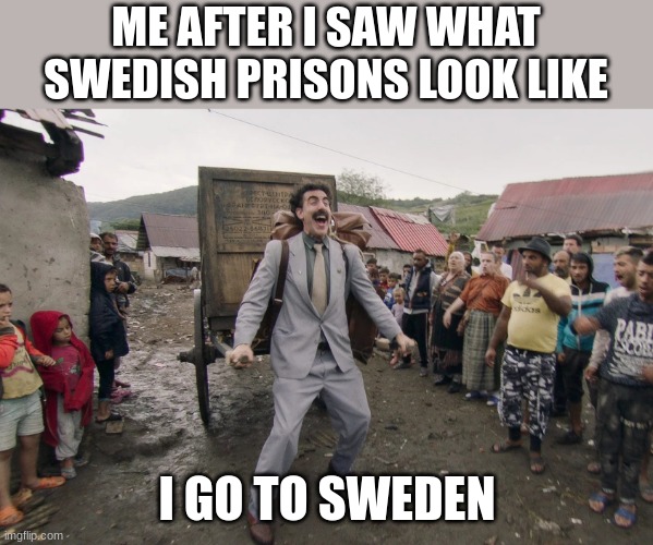 sweden i go | ME AFTER I SAW WHAT SWEDISH PRISONS LOOK LIKE; I GO TO SWEDEN | image tagged in borat i go to america | made w/ Imgflip meme maker