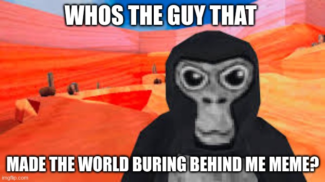 gorilla tag | WHOS THE GUY THAT; MADE THE WORLD BURING BEHIND ME MEME? | image tagged in gorilla tag | made w/ Imgflip meme maker