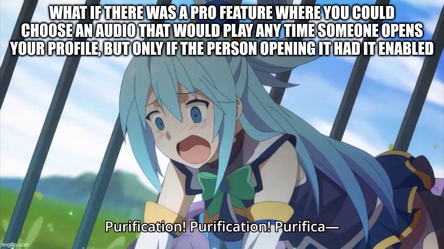 PURIFY | WHAT IF THERE WAS A PRO FEATURE WHERE YOU COULD CHOOSE AN AUDIO THAT WOULD PLAY ANY TIME SOMEONE OPENS YOUR PROFILE, BUT ONLY IF THE PERSON OPENING IT HAD IT ENABLED | image tagged in purify | made w/ Imgflip meme maker