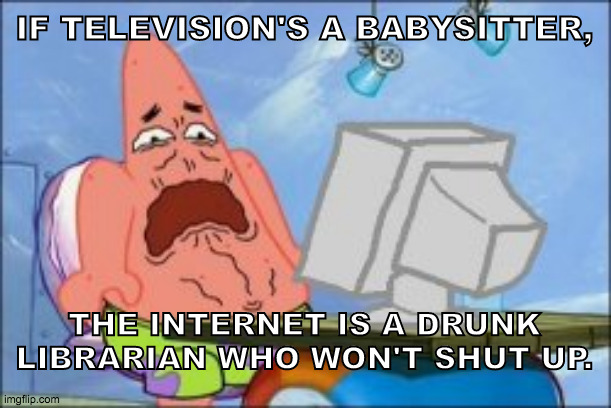 The Internet is still the Wild West | IF TELEVISION'S A BABYSITTER, THE INTERNET IS A DRUNK LIBRARIAN WHO WON'T SHUT UP. | image tagged in disgusted patrick star,television,internet,drunk,librarian,rule 34 | made w/ Imgflip meme maker