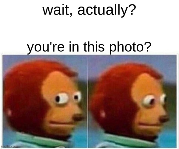 Monkey Puppet Meme | wait, actually? you're in this photo? | image tagged in memes,monkey puppet | made w/ Imgflip meme maker