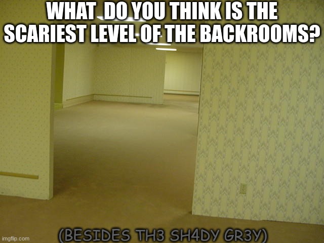 The Backrooms | WHAT  DO YOU THINK IS THE SCARIEST LEVEL OF THE BACKROOMS? (BESIDES TH3 SH4DY GR3Y) | image tagged in the backrooms,simba shadowy place,scary,scared cat,comments,upvotes | made w/ Imgflip meme maker