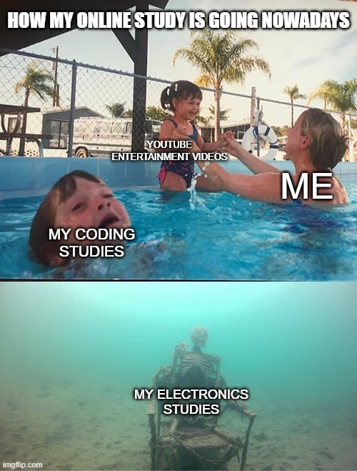 My Online Study | HOW MY ONLINE STUDY IS GOING NOWADAYS; YOUTUBE ENTERTAINMENT VIDEOS; ME; MY CODING STUDIES; MY ELECTRONICS STUDIES | image tagged in mother ignoring kid drowning in a pool | made w/ Imgflip meme maker