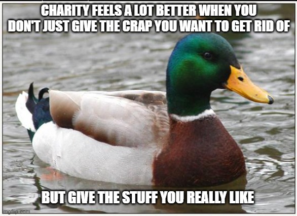 Beggars can't be choosers--but givers can | CHARITY FEELS A LOT BETTER WHEN YOU DON'T JUST GIVE THE CRAP YOU WANT TO GET RID OF; BUT GIVE THE STUFF YOU REALLY LIKE | image tagged in memes,actual advice mallard | made w/ Imgflip meme maker