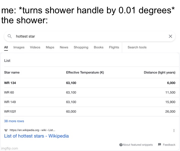 you've already seen this meme before, just trying it out with a custom template i made |  me: *turns shower handle by 0.01 degrees*
the shower: | image tagged in hottest stars,shower,heat,astronomy | made w/ Imgflip meme maker