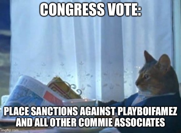And make heavy sanctions against Black Bunny. | CONGRESS VOTE:; PLACE SANCTIONS AGAINST PLAYBOIFAMEZ AND ALL OTHER COMMIE ASSOCIATES | image tagged in memes,i should buy a boat cat | made w/ Imgflip meme maker