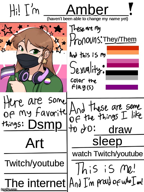 ANOTHER ONE | Amber; (haven't been able to change my name yet); They/Them; Dsmp; draw; Art; sleep; watch Twitch/youtube; Twitch/youtube; The internet | image tagged in lgbtq stream account profile | made w/ Imgflip meme maker
