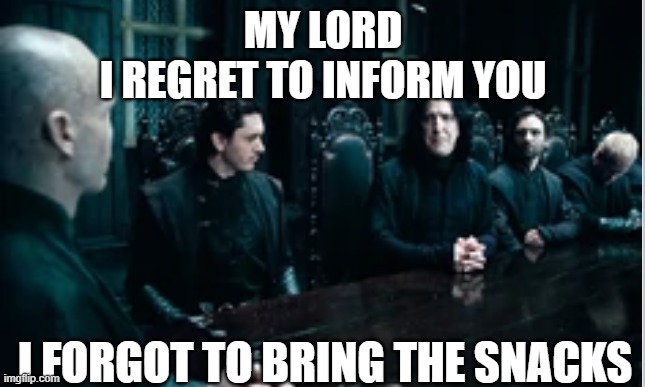 I wonder what snacks they were.... :( | MY LORD
I REGRET TO INFORM YOU; I FORGOT TO BRING THE SNACKS | image tagged in severus snape | made w/ Imgflip meme maker