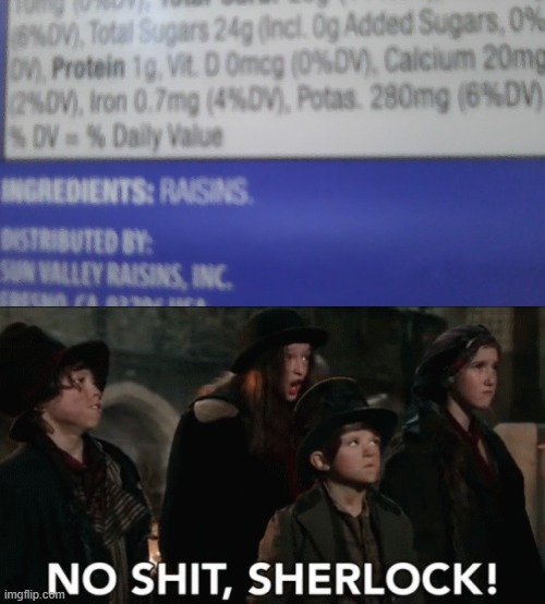 Found this on my box of raisins today | image tagged in no shit sherlock | made w/ Imgflip meme maker