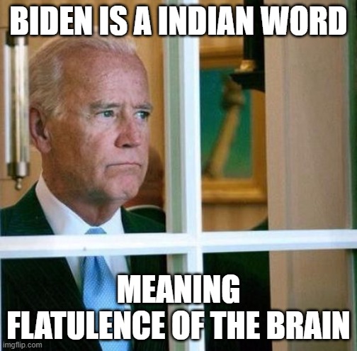 Sad Joe Biden | BIDEN IS A INDIAN WORD; MEANING FLATULENCE OF THE BRAIN | image tagged in sad joe biden | made w/ Imgflip meme maker