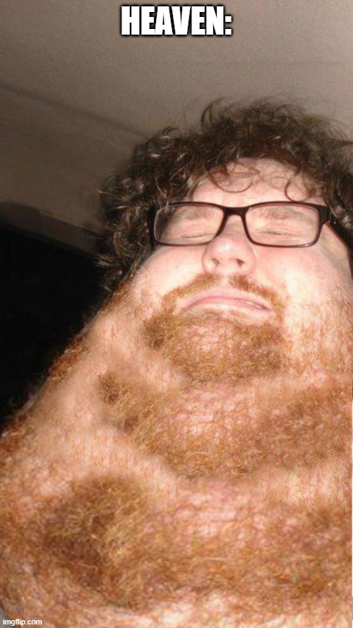 obese neckbearded dude | HEAVEN: | image tagged in obese neckbearded dude | made w/ Imgflip meme maker