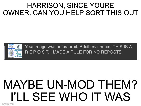 Pls help | HARRISON, SINCE YOURE OWNER, CAN YOU HELP SORT THIS OUT; MAYBE UN-MOD THEM? I’LL SEE WHO IT WAS | image tagged in blank white template | made w/ Imgflip meme maker