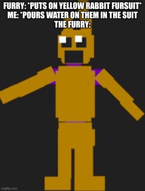 Spring lock Failure | FURRY: *PUTS ON YELLOW RABBIT FURSUIT*
ME: *POURS WATER ON THEM IN THE SUIT
THE FURRY: | image tagged in spring lock failure | made w/ Imgflip meme maker