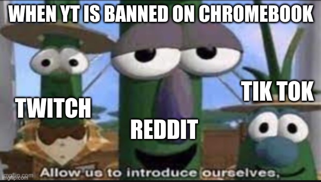 when yt is banned on chromebook... | WHEN YT IS BANNED ON CHROMEBOOK; TIK TOK; TWITCH; REDDIT | image tagged in dumb | made w/ Imgflip meme maker