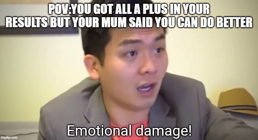 Emotional damage | POV:YOU GOT ALL A PLUS IN YOUR RESULTS BUT YOUR MUM SAID YOU CAN DO BETTER | image tagged in emotional damage | made w/ Imgflip meme maker
