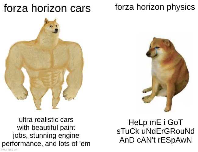 forza horizon graphics but with beamng.drive physics | forza horizon cars; forza horizon physics; ultra realistic cars with beautiful paint jobs, stunning engine performance, and lots of 'em; HeLp mE i GoT sTuCk uNdErGRouNd AnD cAN't rESpAwN | image tagged in memes,buff doge vs cheems | made w/ Imgflip meme maker