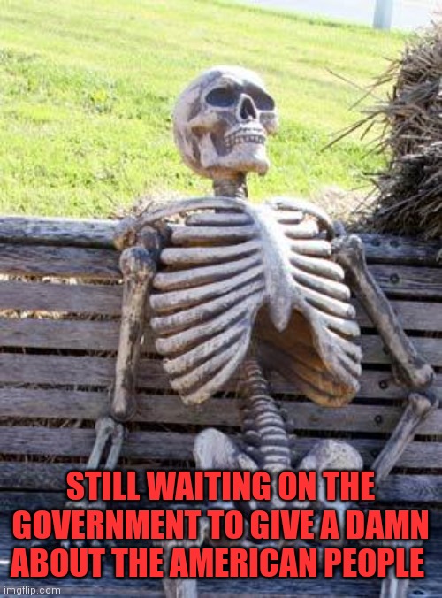 Waiting Skeleton | STILL WAITING ON THE GOVERNMENT TO GIVE A DAMN ABOUT THE AMERICAN PEOPLE | image tagged in memes,waiting skeleton | made w/ Imgflip meme maker
