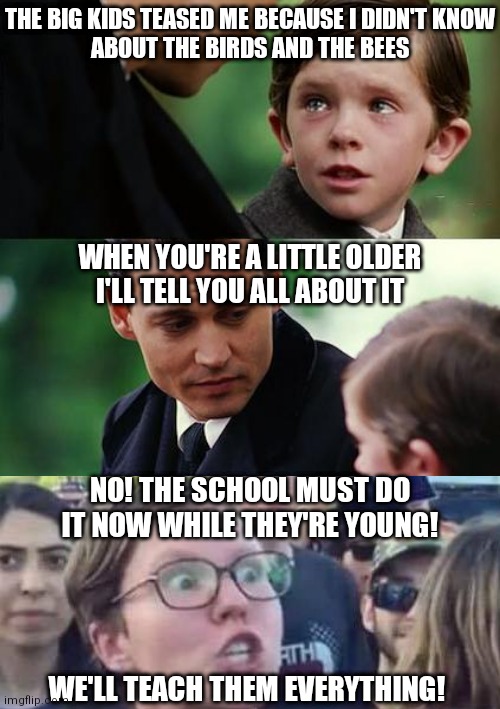 This sums up the "Don't say Gay" bill for K-3 in Florida schools | THE BIG KIDS TEASED ME BECAUSE I DIDN'T KNOW
ABOUT THE BIRDS AND THE BEES; WHEN YOU'RE A LITTLE OLDER
I'LL TELL YOU ALL ABOUT IT; NO! THE SCHOOL MUST DO IT NOW WHILE THEY'RE YOUNG! WE'LL TEACH THEM EVERYTHING! | image tagged in memes,finding neverland,democrats,desantis,lgbtq,gay | made w/ Imgflip meme maker