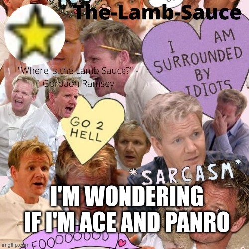 The-Lamb-Sauce’s announcement temp | I'M WONDERING IF I'M ACE AND PANRO | image tagged in the-lamb-sauce s announcement temp | made w/ Imgflip meme maker