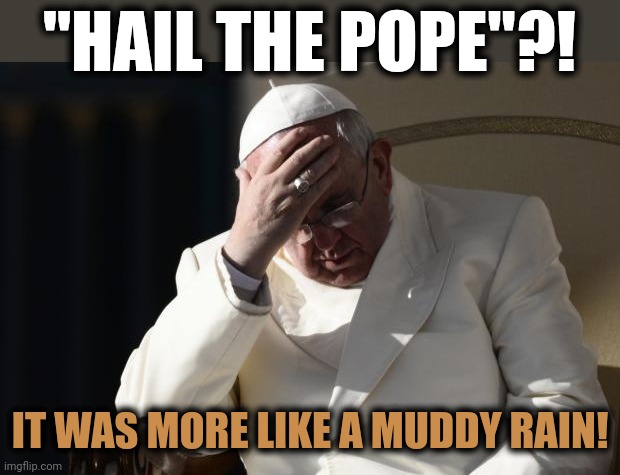 Pope Francis Facepalm | "HAIL THE POPE"?! IT WAS MORE LIKE A MUDDY RAIN! | image tagged in pope francis facepalm | made w/ Imgflip meme maker