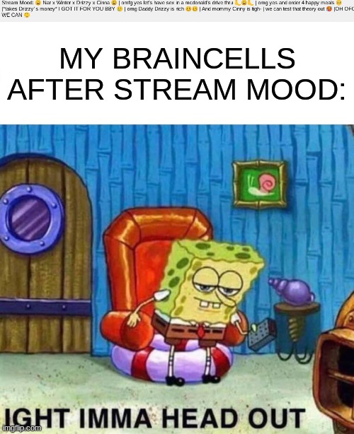 thats why I was gon | MY BRAINCELLS AFTER STREAM MOOD: | image tagged in memes,spongebob ight imma head out,stream mood,help me,oh wow are you actually reading these tags,stop reading the tags | made w/ Imgflip meme maker