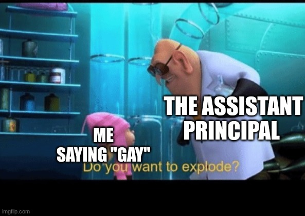 Do you want to explode | THE ASSISTANT PRINCIPAL ME SAYING "GAY" | image tagged in do you want to explode | made w/ Imgflip meme maker