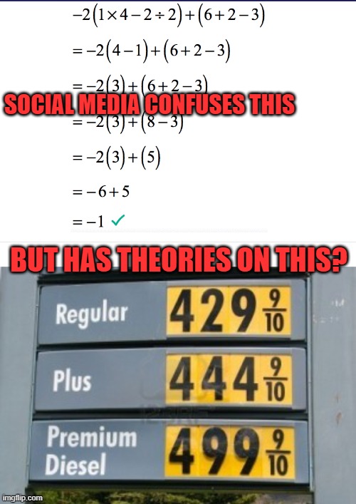 Gas prices | SOCIAL MEDIA CONFUSES THIS; BUT HAS THEORIES ON THIS? | image tagged in gasoline,mathematics,gas | made w/ Imgflip meme maker