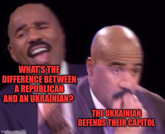 MagaTs | WHAT'S THE DIFFERENCE BETWEEN A REPUBLICAN AND AN UKRAINIAN? THE UKRAINIAN DEFENDS THEIR CAPITOL | image tagged in steve harvey laughing serious | made w/ Imgflip meme maker