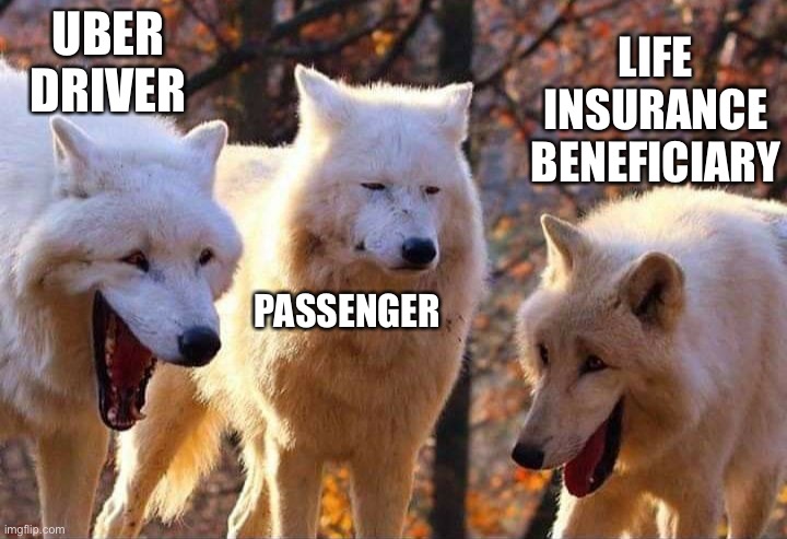 Dangerous ride | UBER DRIVER; LIFE INSURANCE BENEFICIARY; PASSENGER | image tagged in laughing wolf,death,dead | made w/ Imgflip meme maker